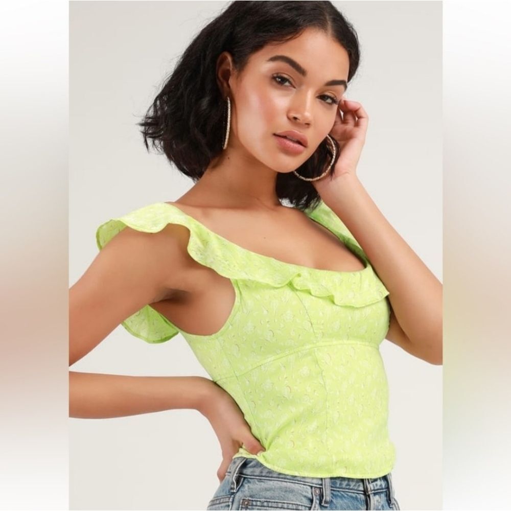 Free People Stay With You Lime Green Floral Print Ruffle Top Size M